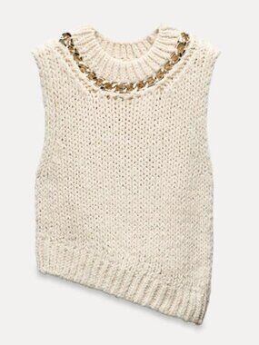 Zara Asymmetric Hem Knit Top with Gold Chain — Ecru | Size S | Never Worn